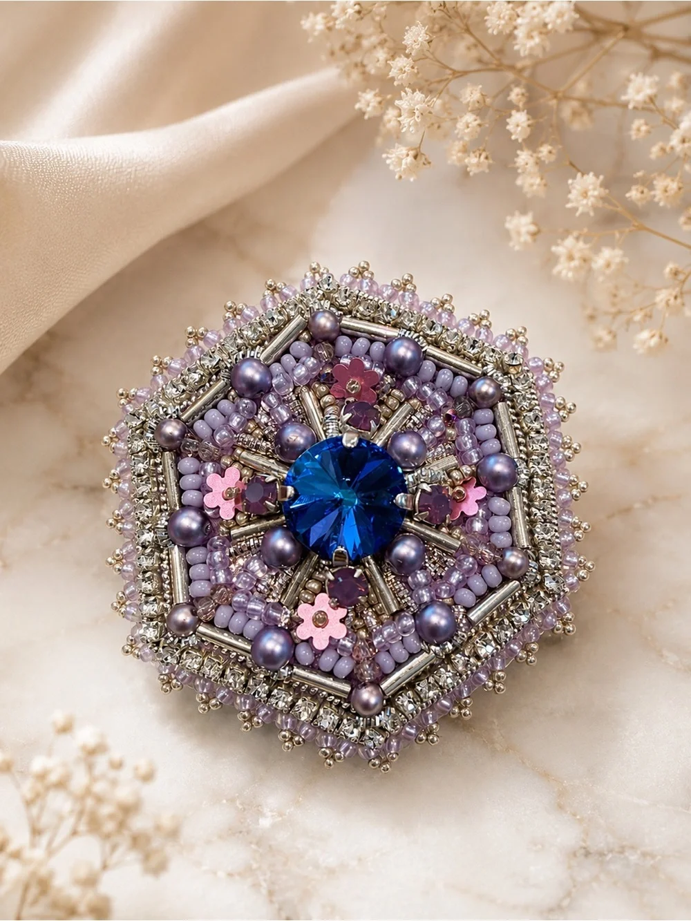Handmade Beaded Brooch with Blue Crystal Center - Picture 3 of 3